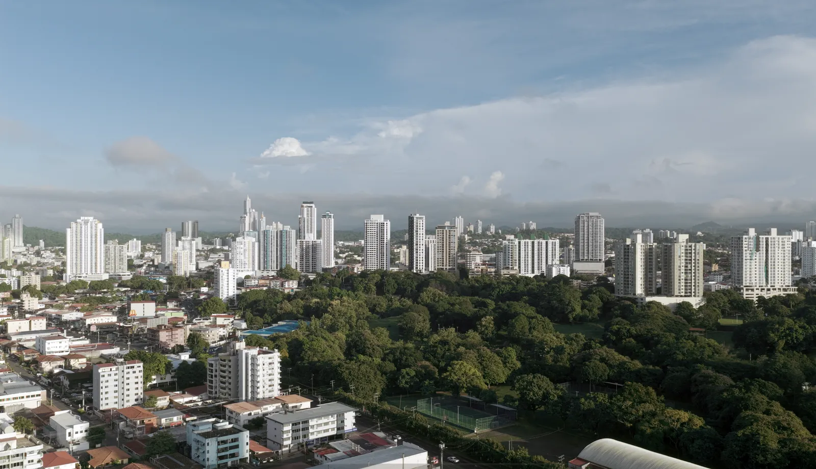 El skyline de San Francisco sobre la arboleda del Parque Omar, Ciudad de Panamá